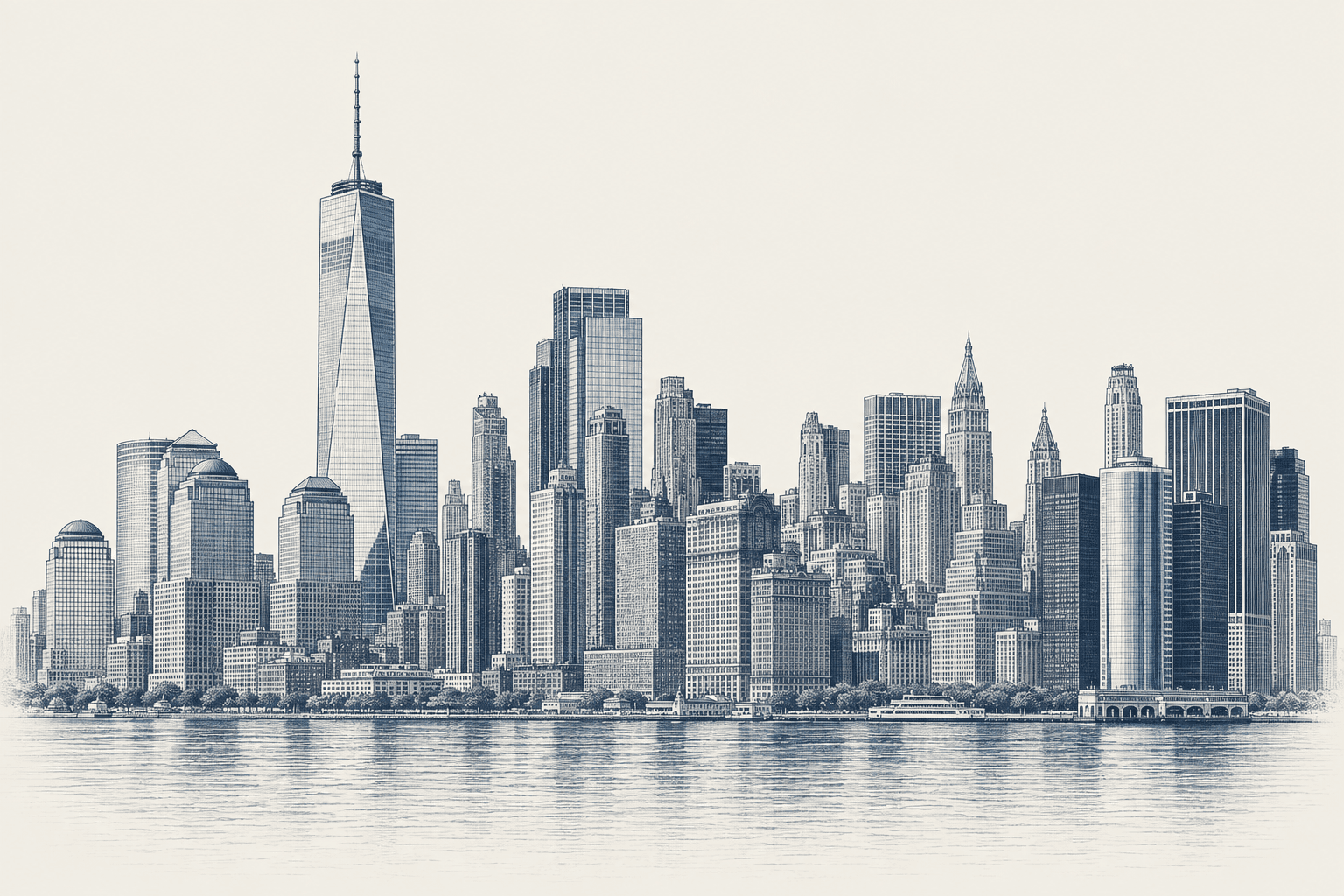 Manhattan architectural engraving with illuminated windows and a ferry crossing the river