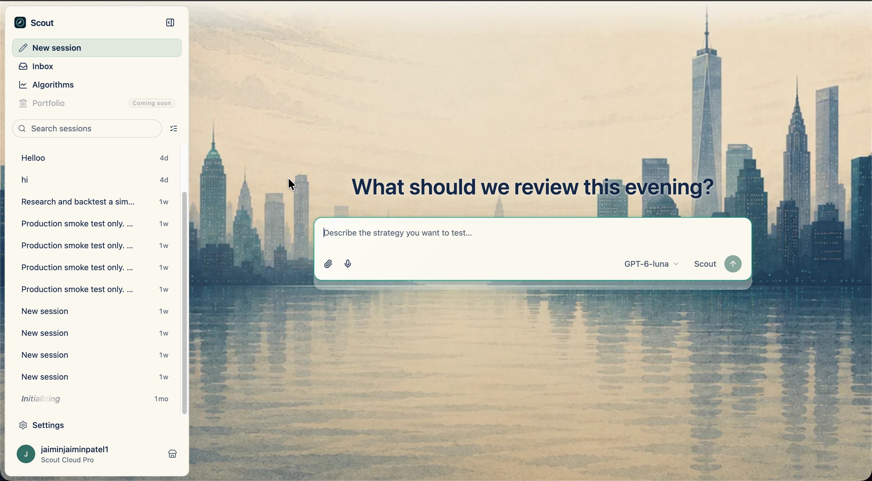 Scout Cloud research workspace with sessions, algorithms, a strategy prompt, and a New York skyline background