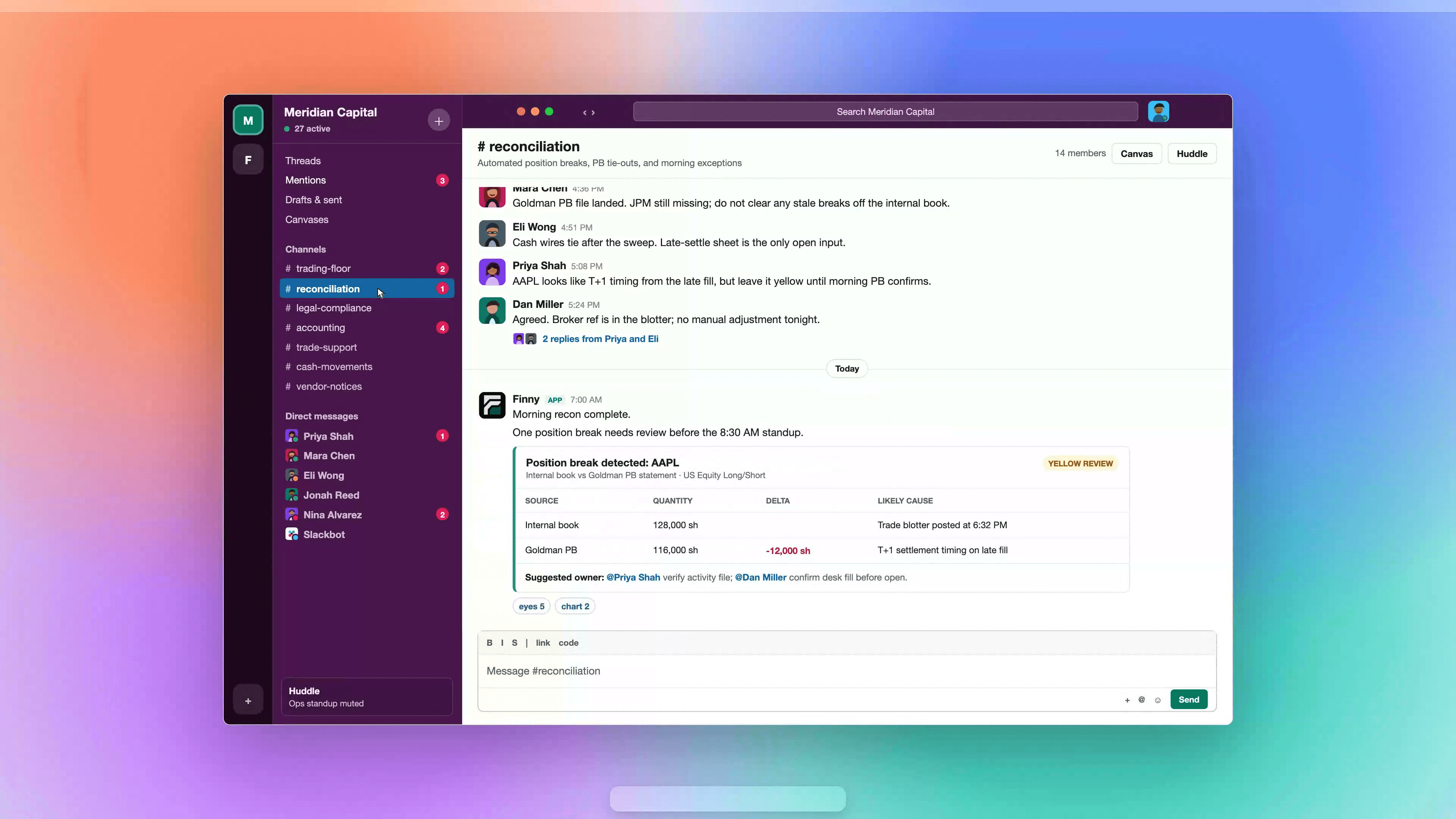 Scout Operations investigating a reconciliation case in Slack
