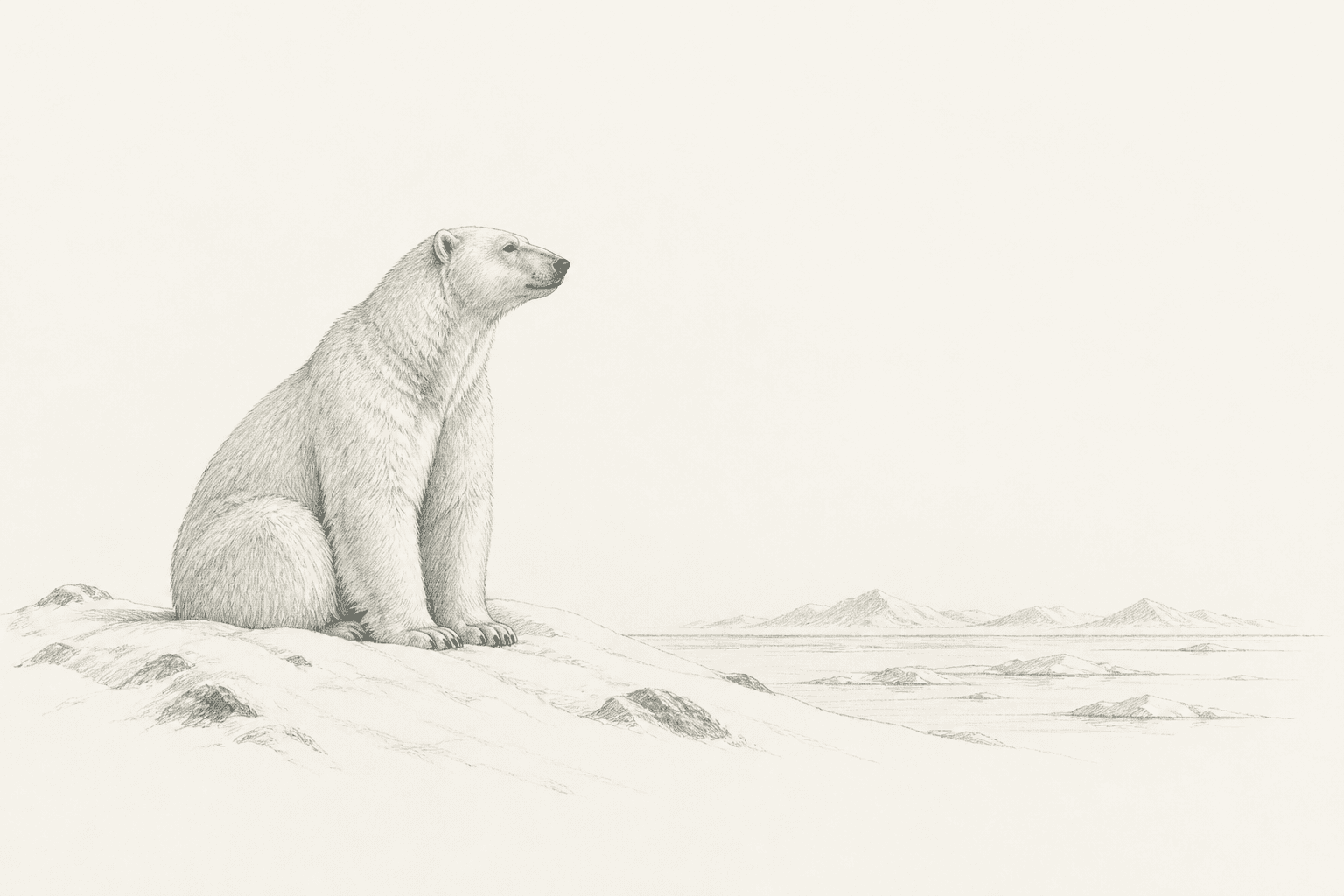 Pencil illustration of Scout, a polar bear looking across the ice